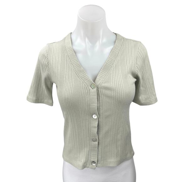 Madewell Beige Green Rib Knit Short Sleeve Button Crop Sweater Shirt Top Size XS - Picture 1 of 4